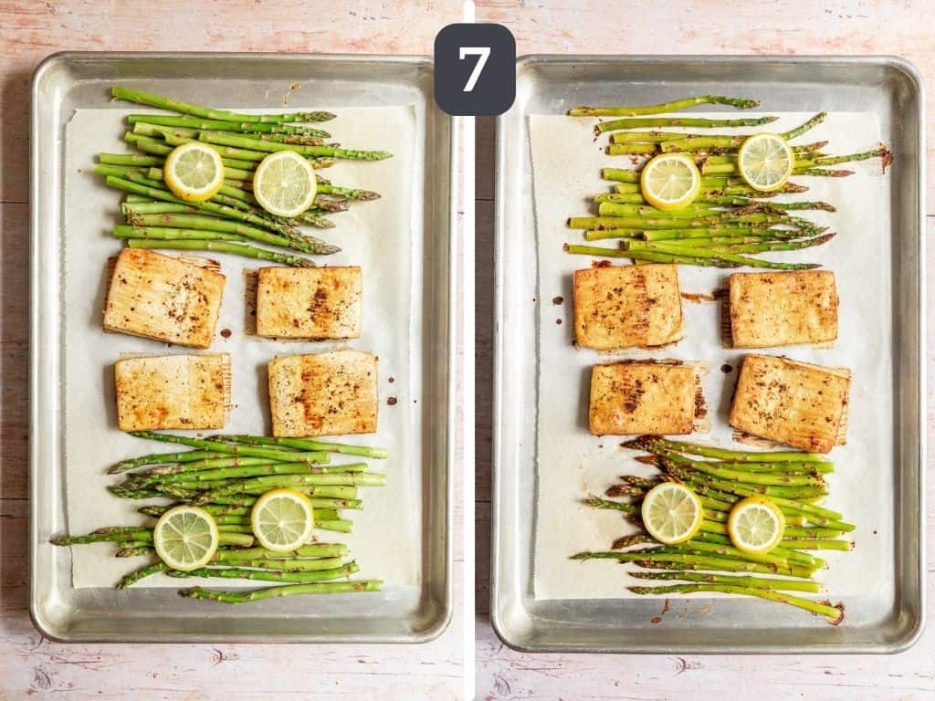 Lemon Pepper Tofu Step 7 - add the asparagus to the pan and bake again.