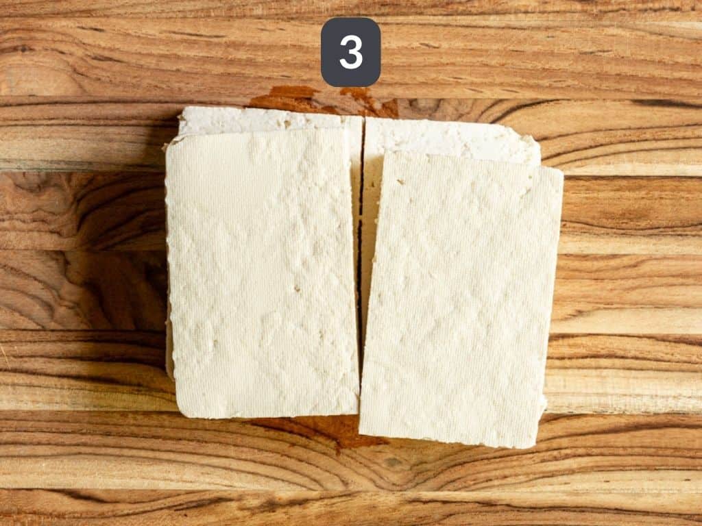 Panko Crusted Tofu Step 3 - slice the tofu.