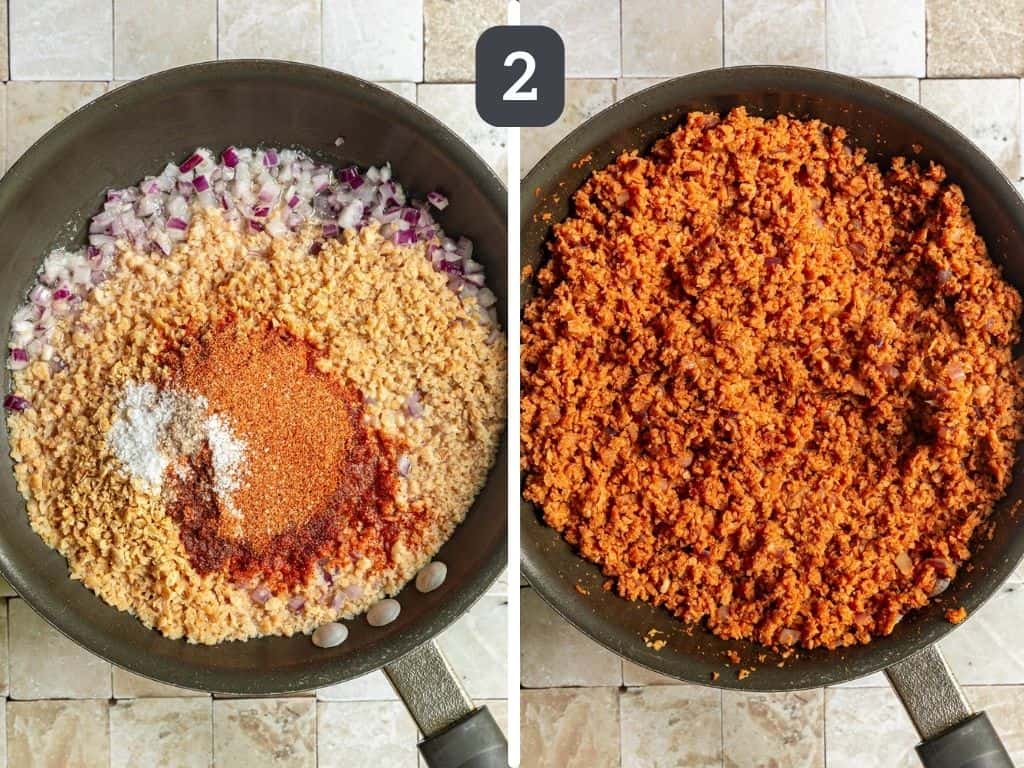 TVP Taco Meat Step 2 - add the TVP and spices.