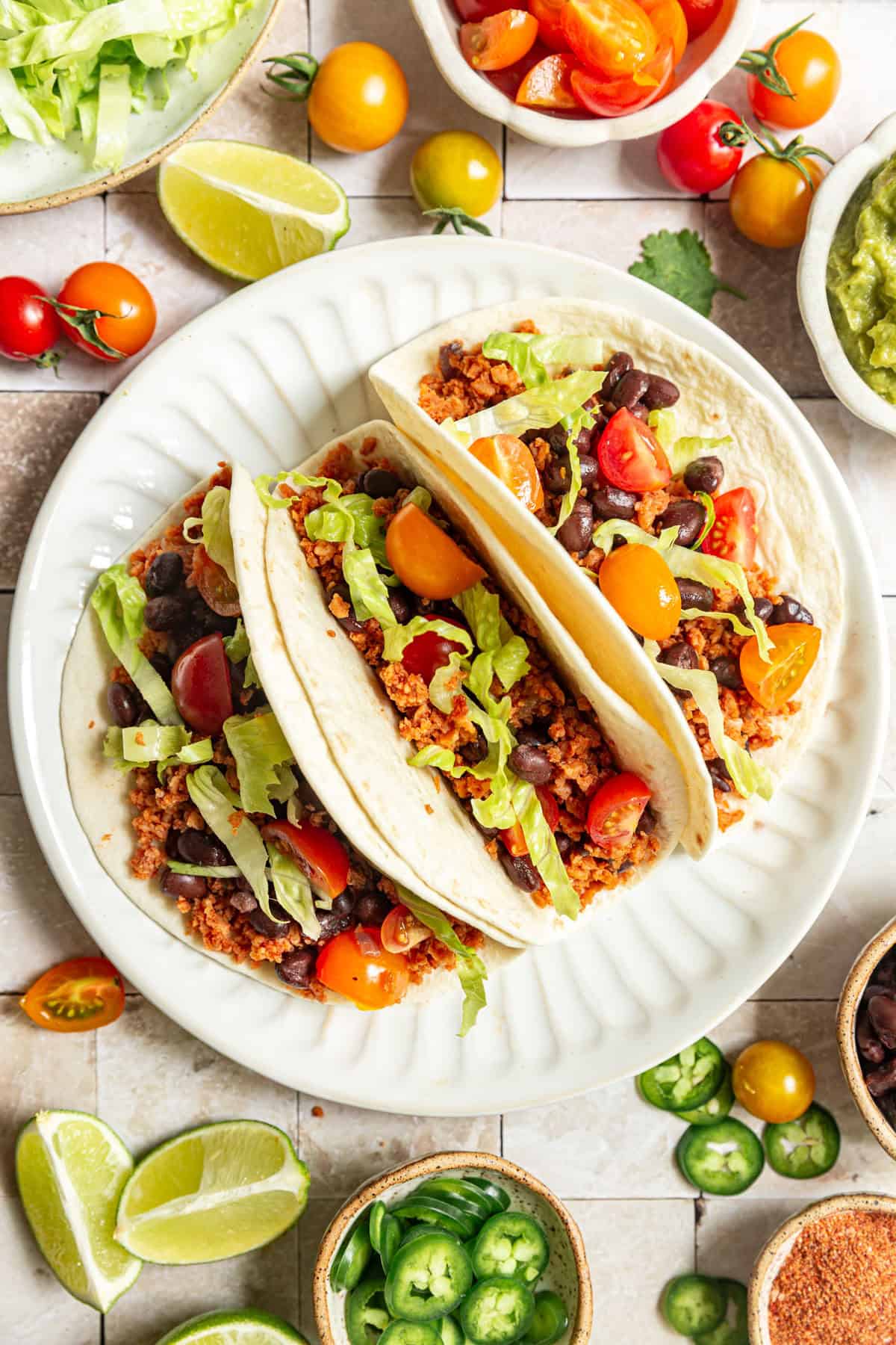 Three TVP tacos on a plate.