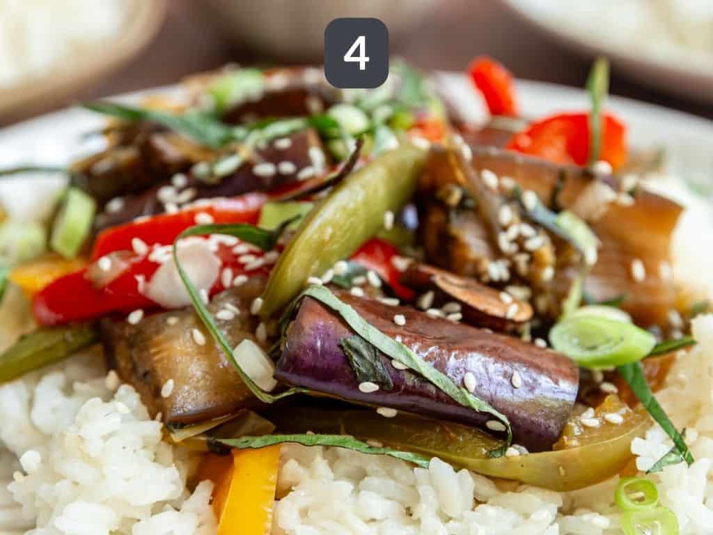 Thai Basil Eggplant Stir Fry Step 4 - serve over rice.