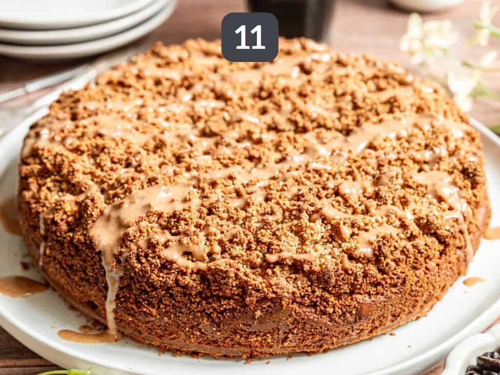 Vegan Coffee Cake Step 11 - pour the glaze on the cake.