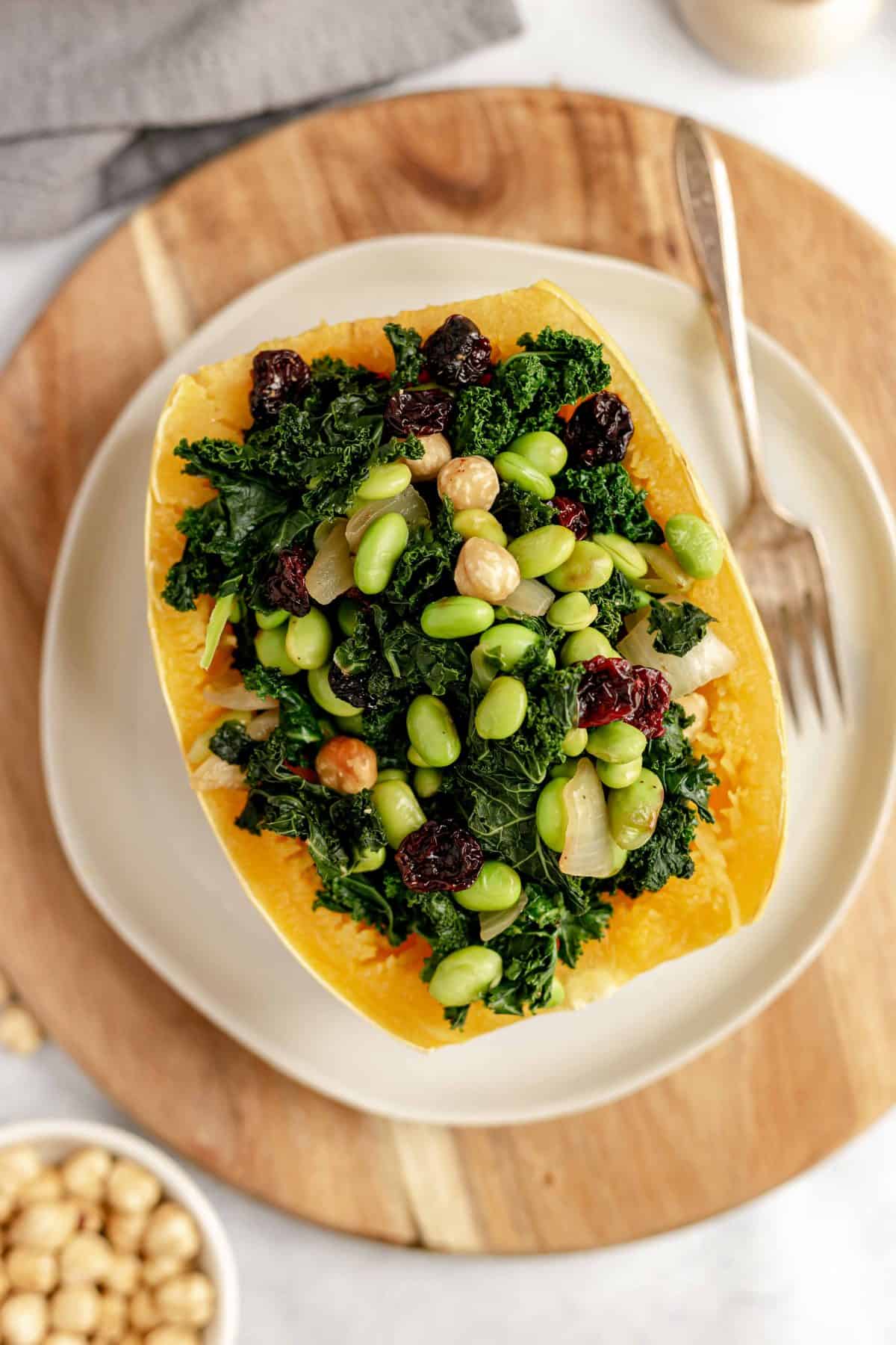 Edamame Kale Stuffed Spaghetti Squash