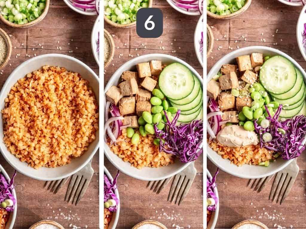 Air Fryer Cauliflower Rice Bowls Step 6 - assemble the bowls.