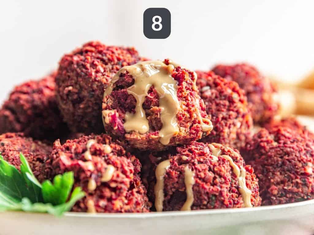 Baked Beetroot Falafel Step 8 - serve with pita, tahini, and tzatziki.