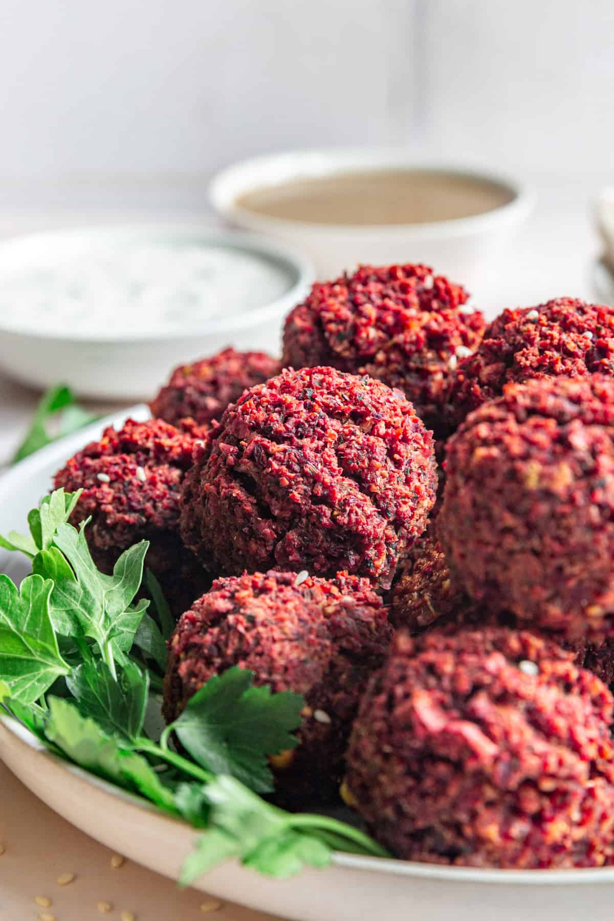 Plate of baked beetroot falafel.