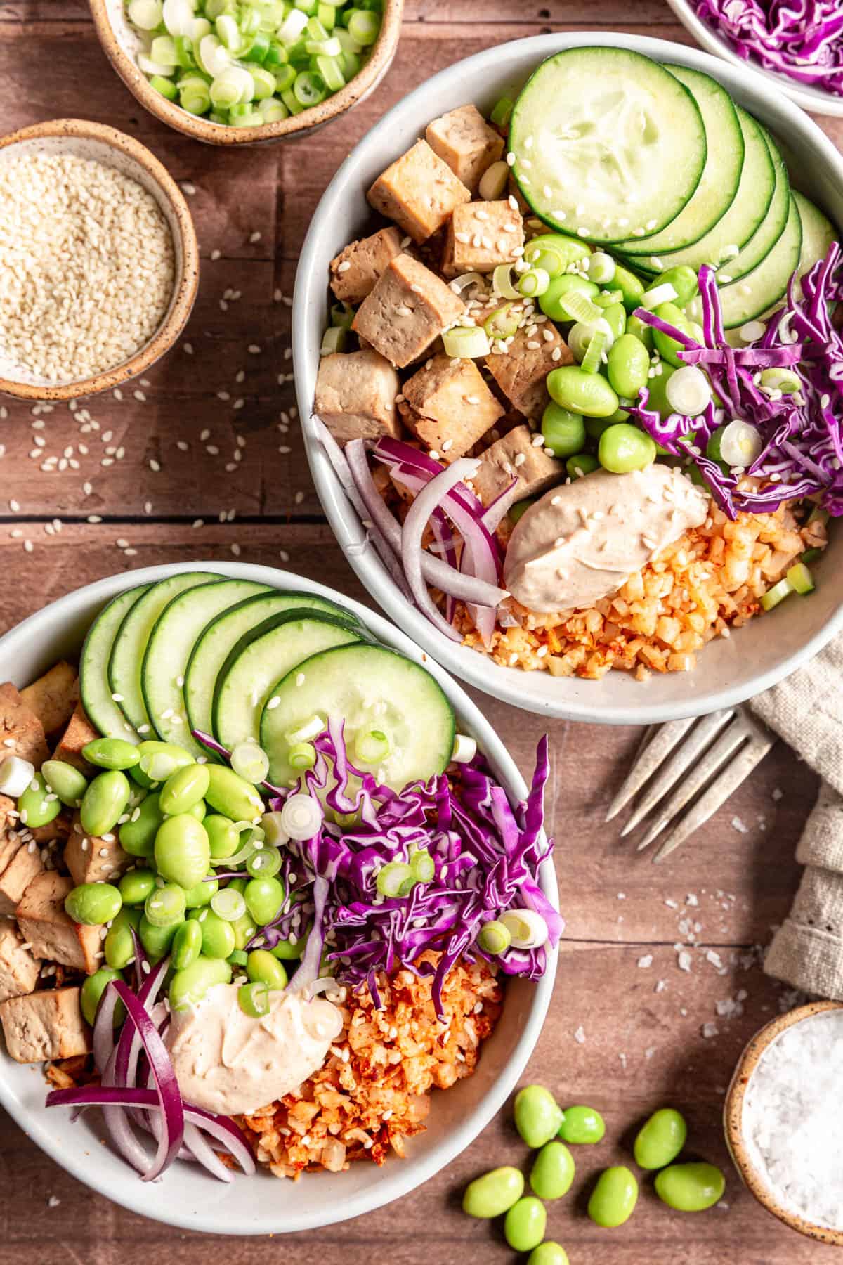 Two Air Fryer Cauliflower Rice Bowls.