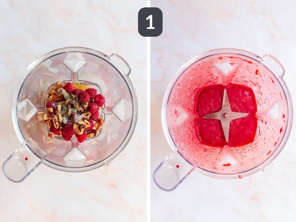 Oil-Free Raspberry Walnut Vinaigrette ingredients in a blender.