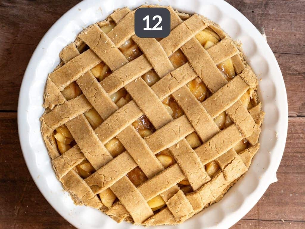Gluten free vegan apple pie step 12 - add the lattice and trim the edges.