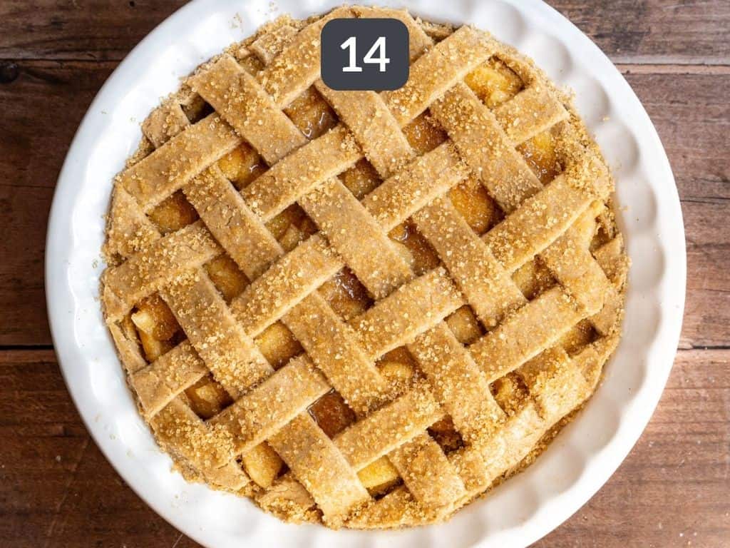 Gluten free vegan apple pie step 14 - brush with egg wash and sprinkle with sugar.