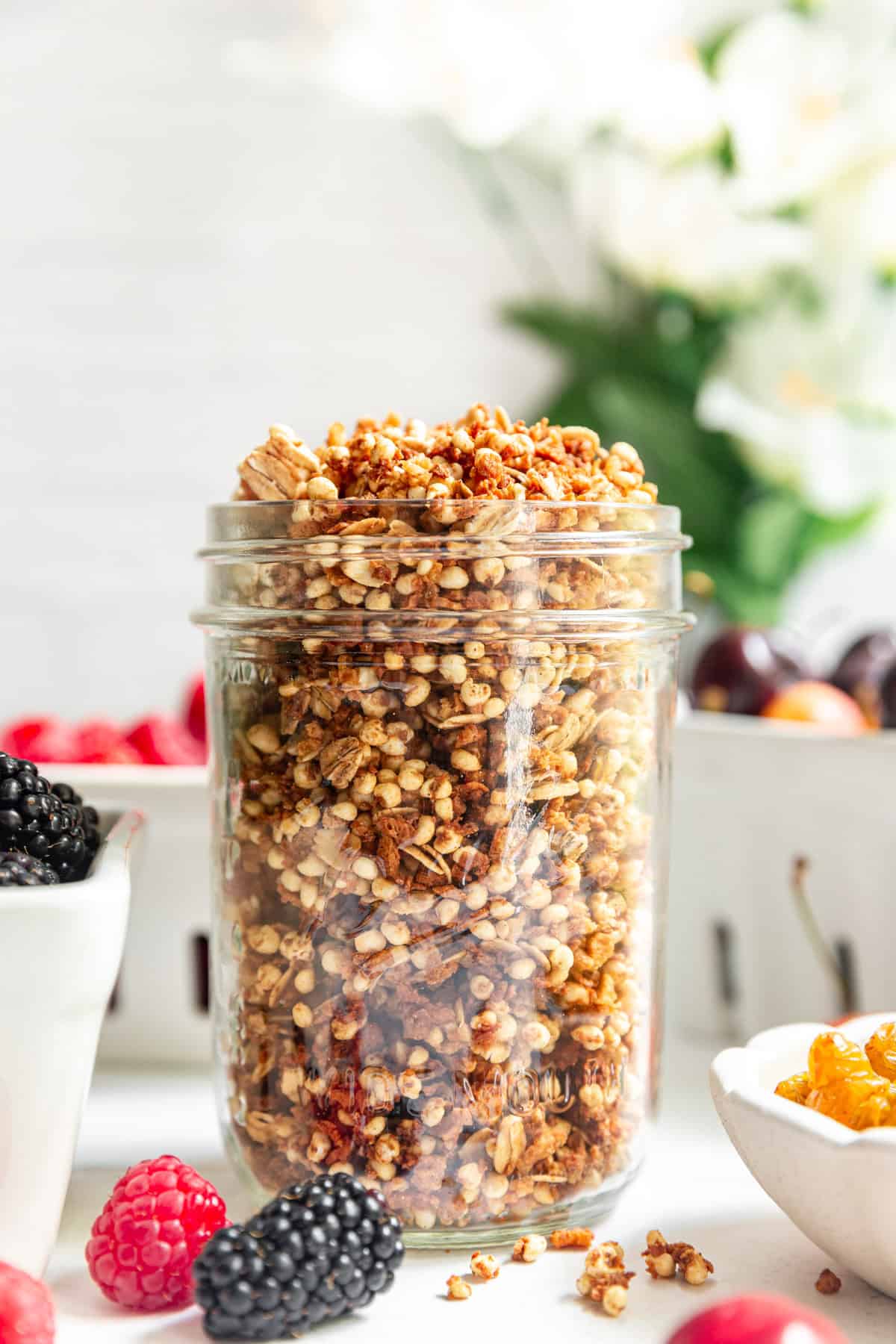 A jar of high protein granola without protein powder.