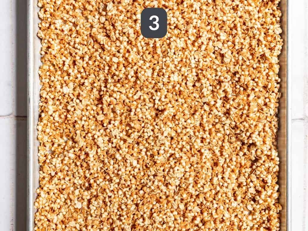 High protein granola step 3 - spread on a baking sheet and bake.
