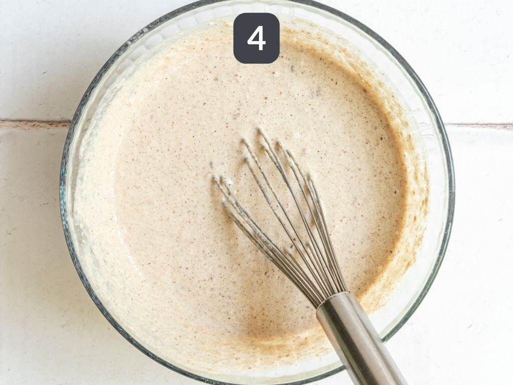 Oat flour waffles step 4 - stir in the wet ingredients.