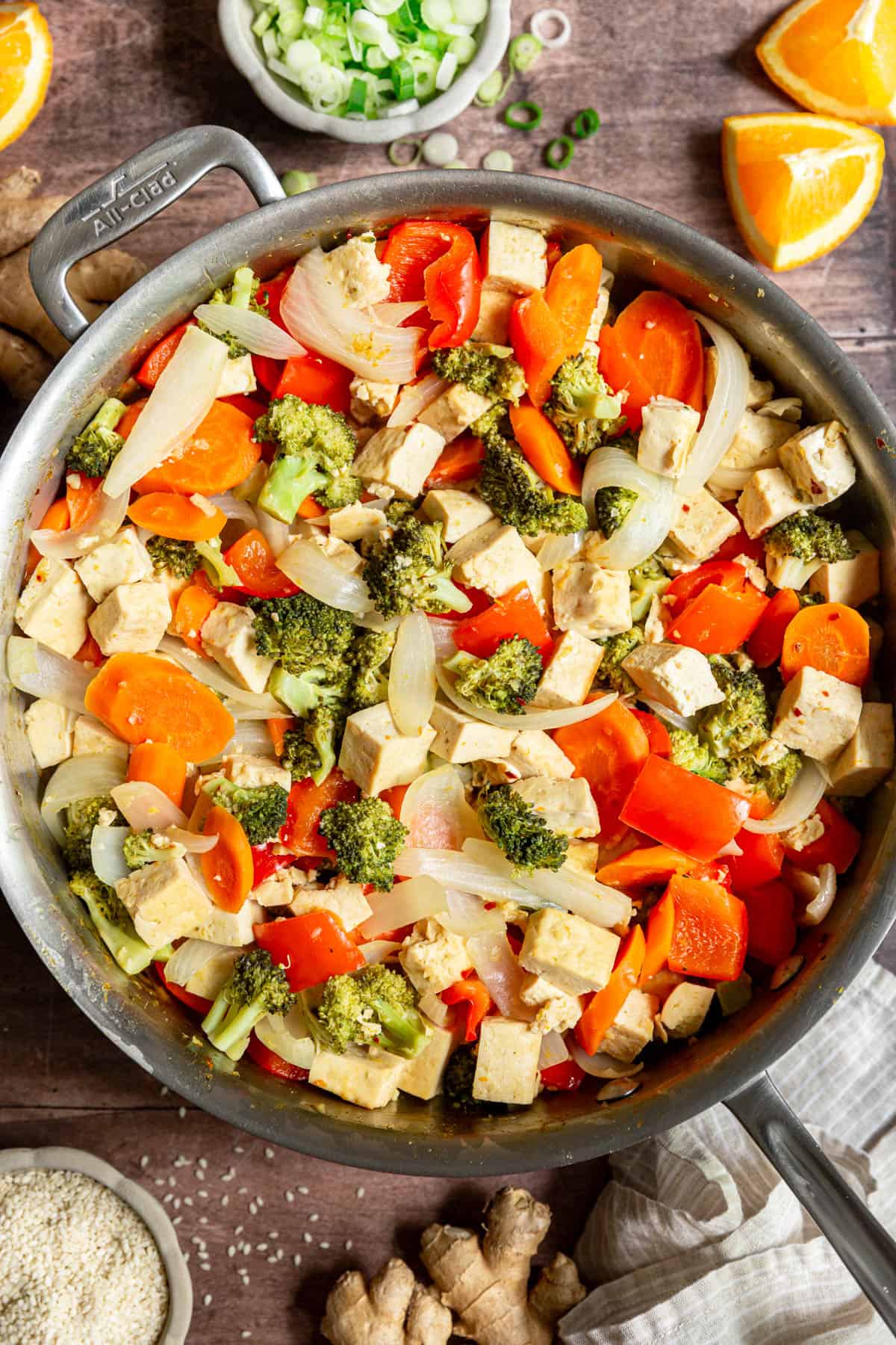 A pan of Vegan Orange Tofu and vegetables.