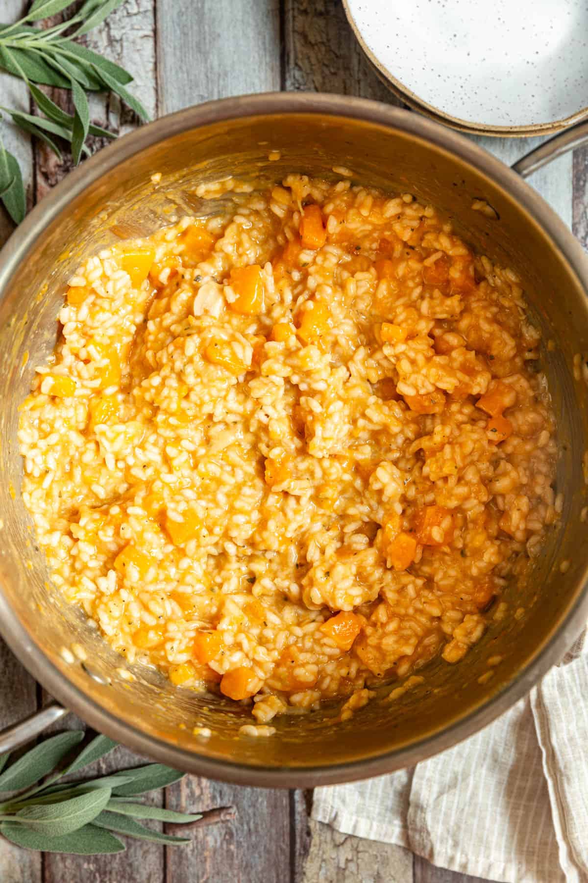 A pot of freshly cooked Roasted Garlic and Butternut Squash Risotto.
