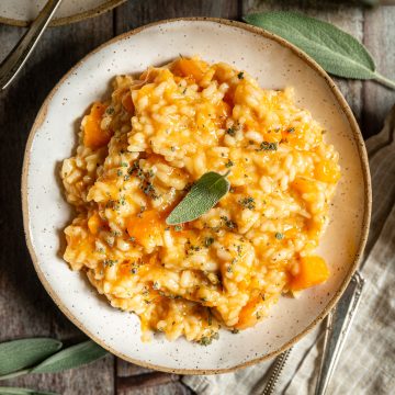 A bowl of Roasted Garlic and Butternut Squash Risotto.