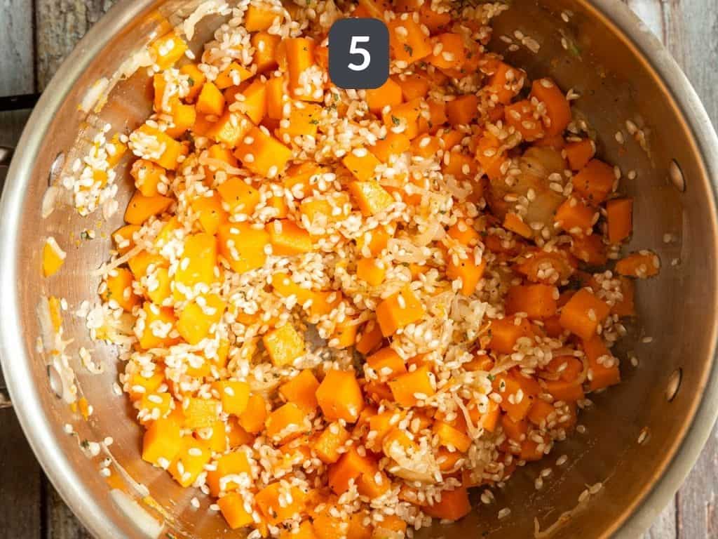 Roasted Garlic and Butternut Squash Risotto Step 5 - toast the rice.
