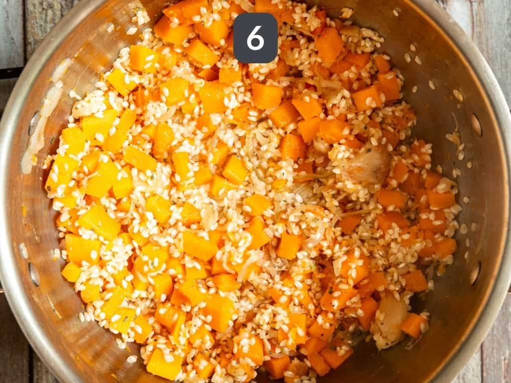 Roasted Garlic and Butternut Squash Risotto Step 6 - deglaze with wine.