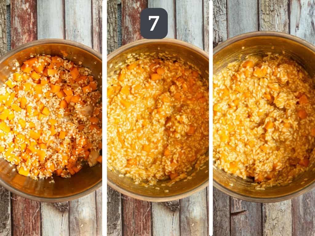 Roasted Garlic and Butternut Squash Risotto Step 7 - cook the risotto, adding broth.