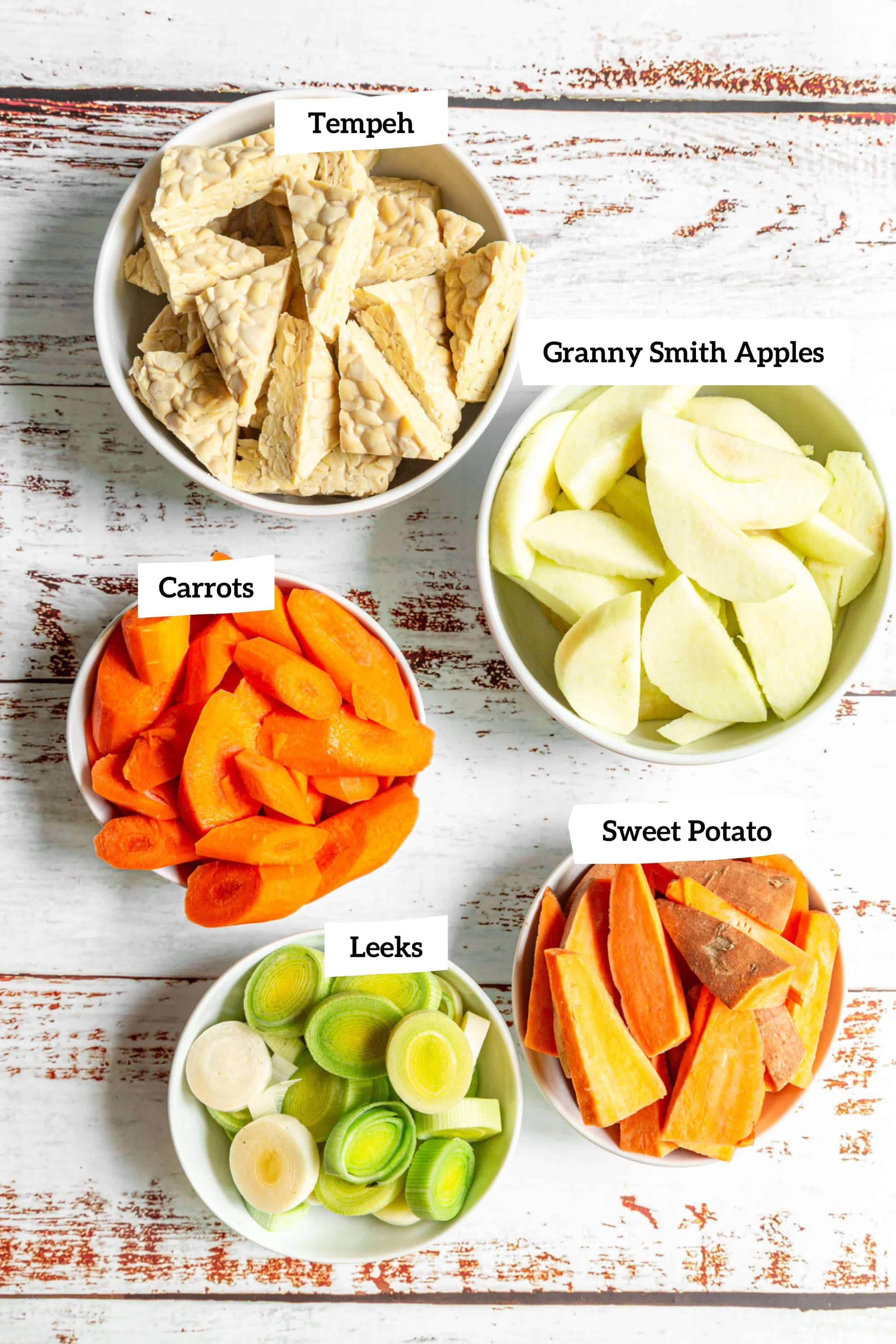 Sheet pan tempeh vegetables and tempeh ingredients.