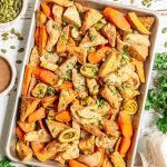 A sheet pan full of roasted tempeh and vegetables.