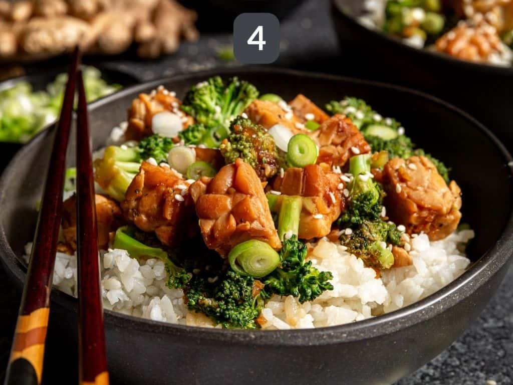 Teriyaki Tempeh Step 4 - serve with scallions and sesame seeds.