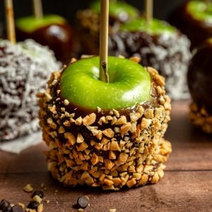 A vegan caramel apple covered in peanuts.