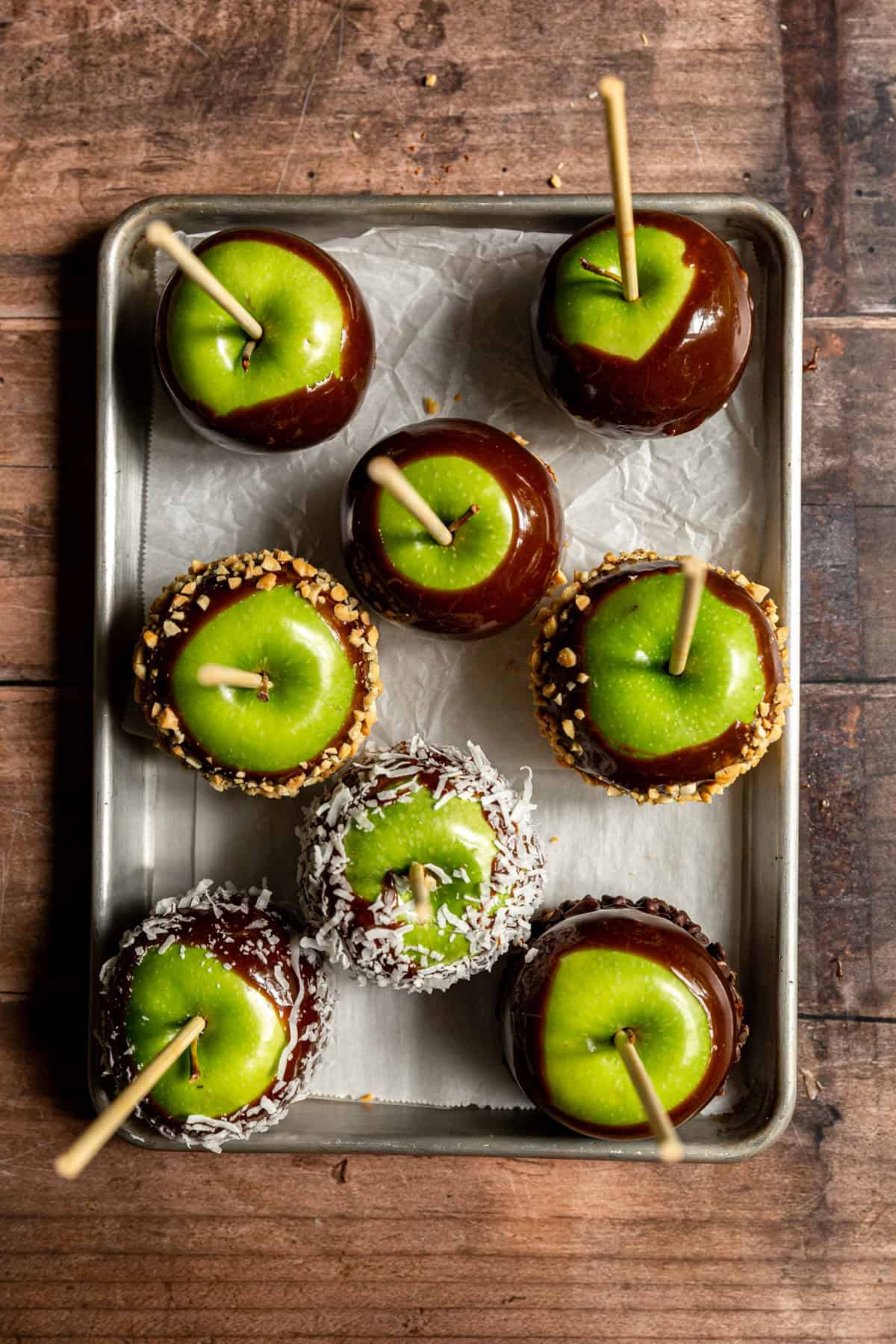 A tray of vegan caramel apples.