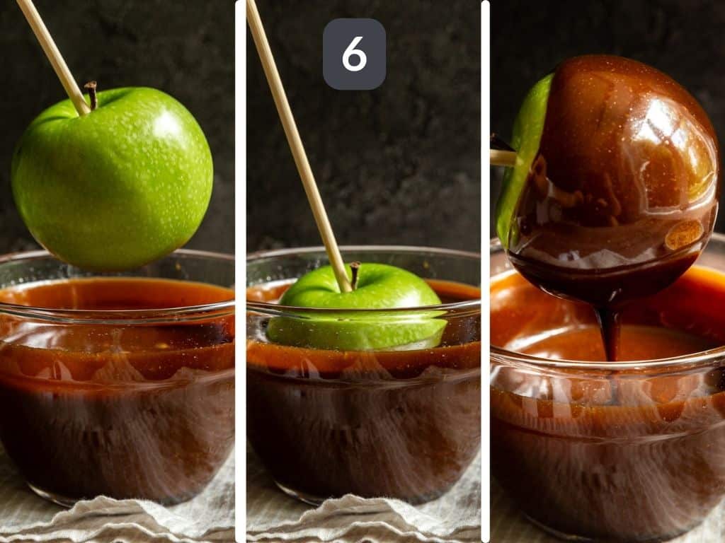 Vegan caramel apples step 6 - dip each apple in caramel.