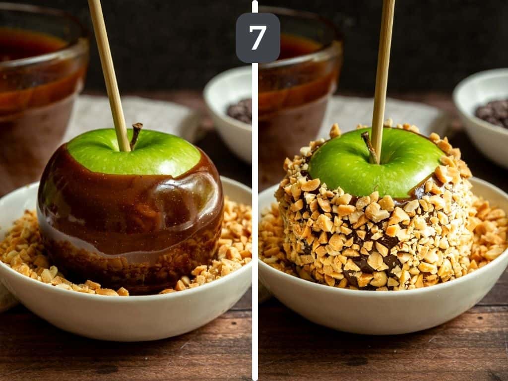 Vegan caramel apples step 7 - coat the apple in desired toppings.
