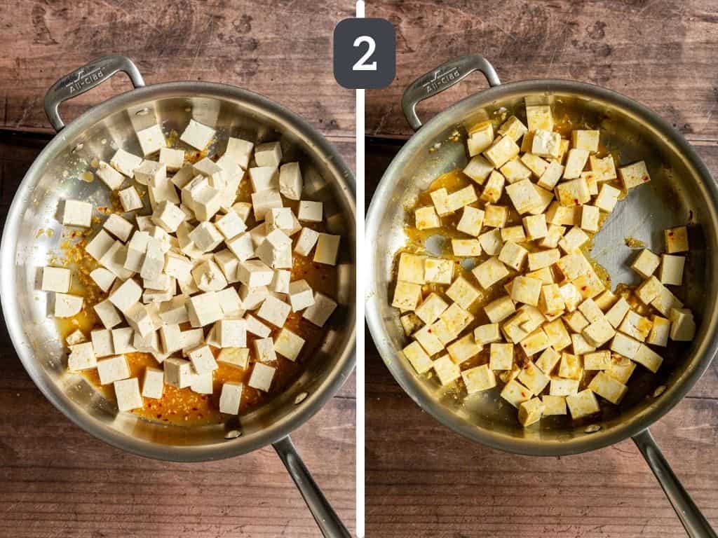 Vegan Orange Tofu Step 2 - cook the tofu in the orange sauce.