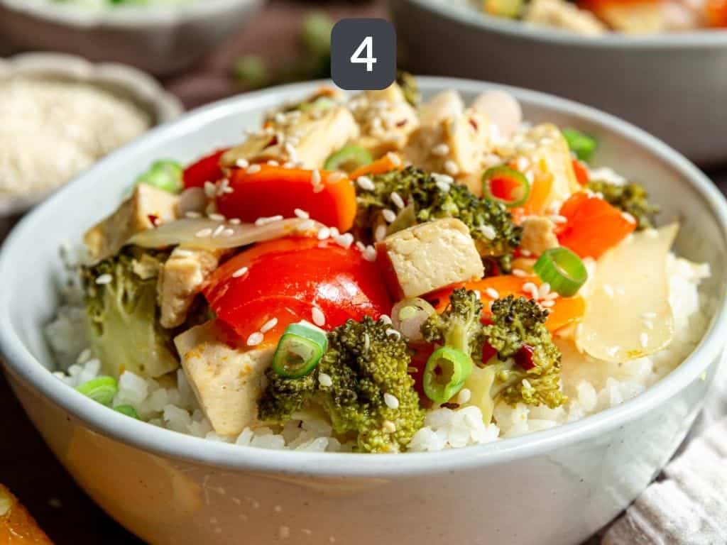 Vegan Orange Tofu Step 4 - serve with rice.