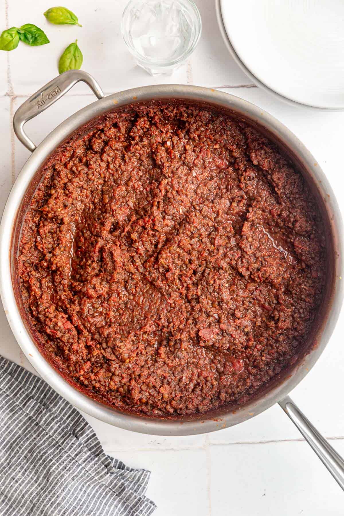 A pan of lentil bolognese sauce, just cooked.