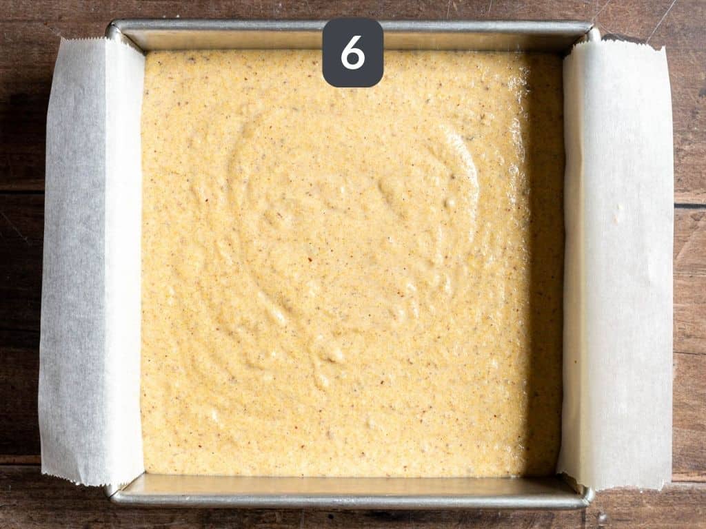 Oil-free vegan cornbread step 6 - pour into a parchment lined pan and bake.