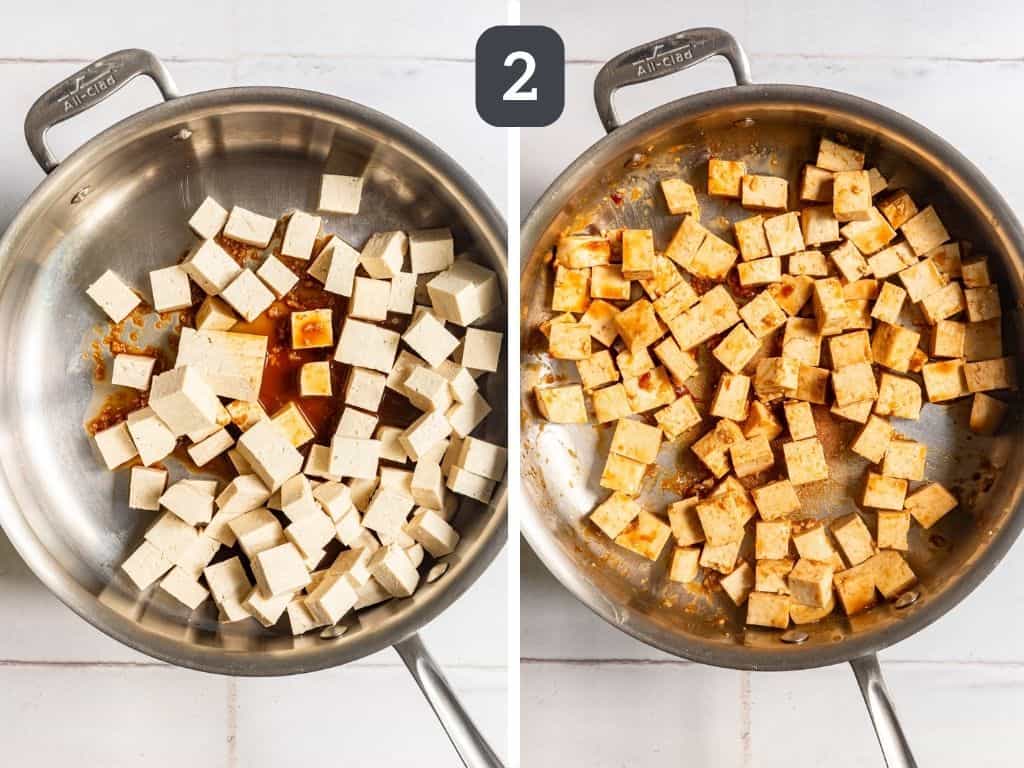 Tofu Broccoli Mushroom Stir Fry Step 2 - cook the tofu in some of the sauce.