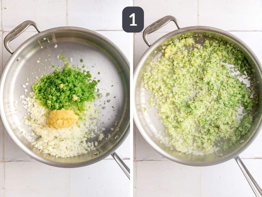 Black Lentil Bolognese Step 1 - sauté the onion, celery, and garlic.