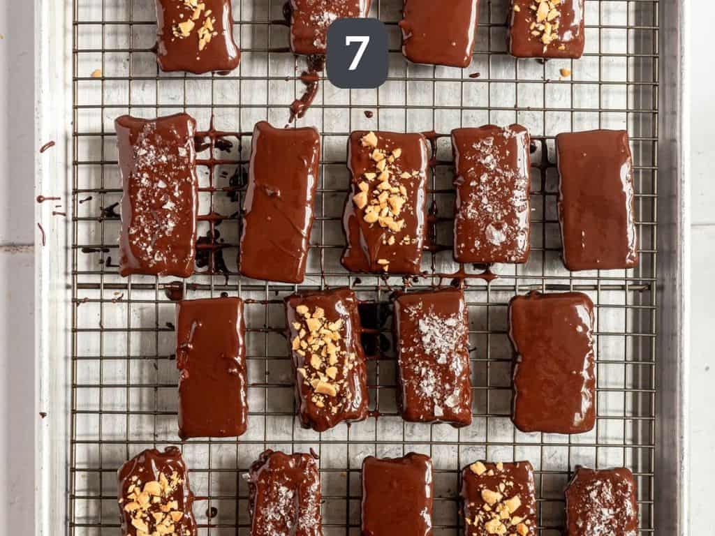 Vegan Butterfingers Step 7 - coat each bar and chocolate then top with peanuts or sea salt.