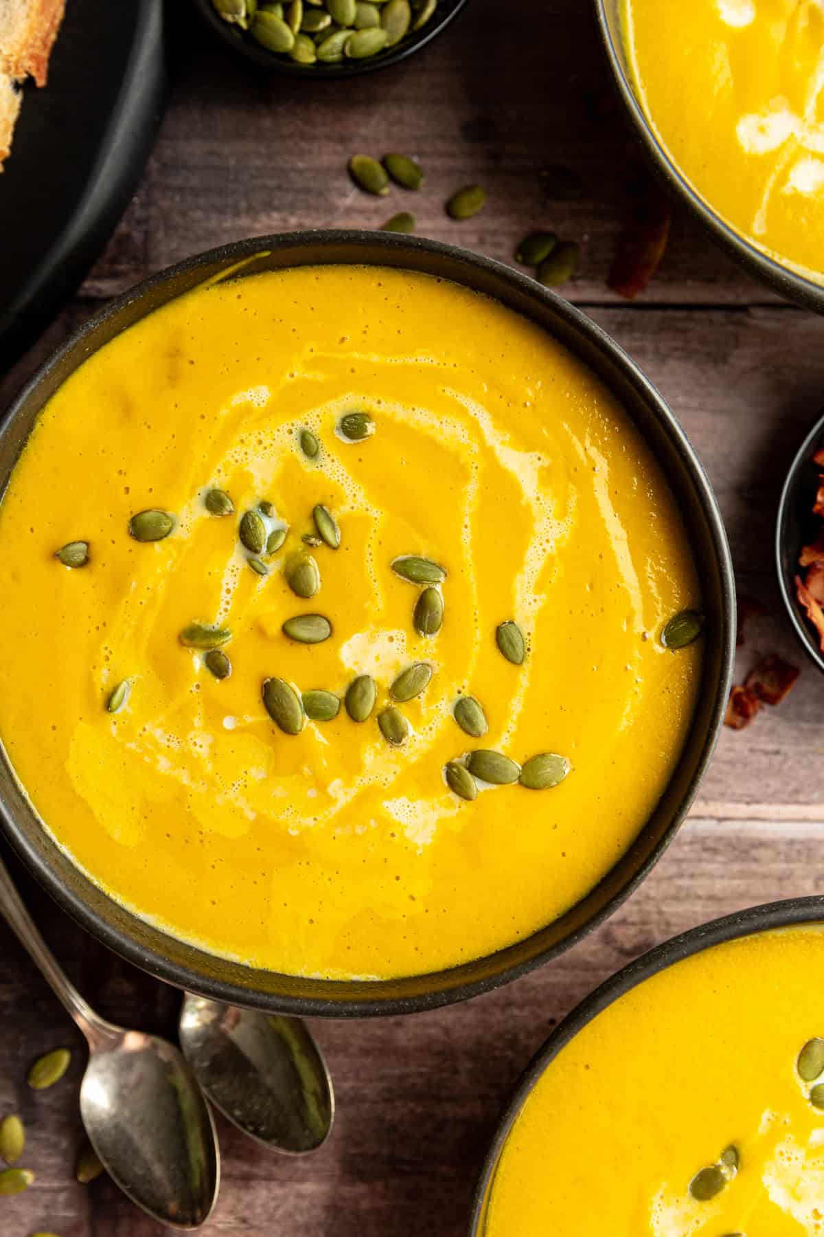 A bowl of Vegan Butternut Squash Leek Soup.