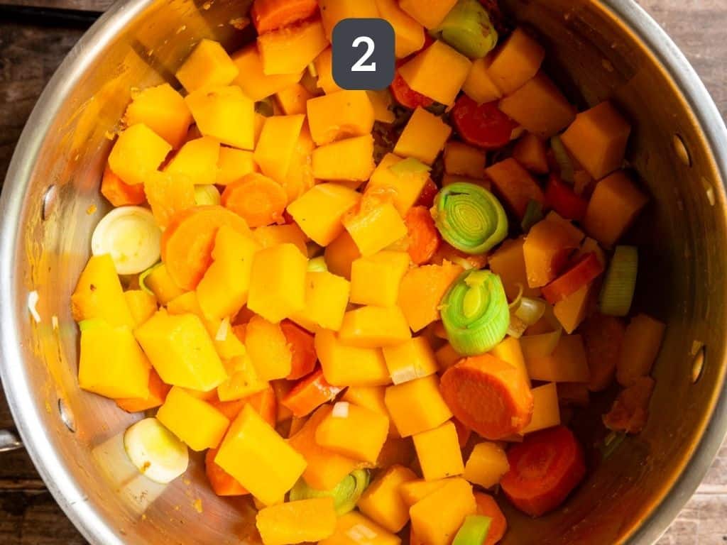 Vegan Butternut Squash Leek Soup Step 2 - sauté the vegetables.