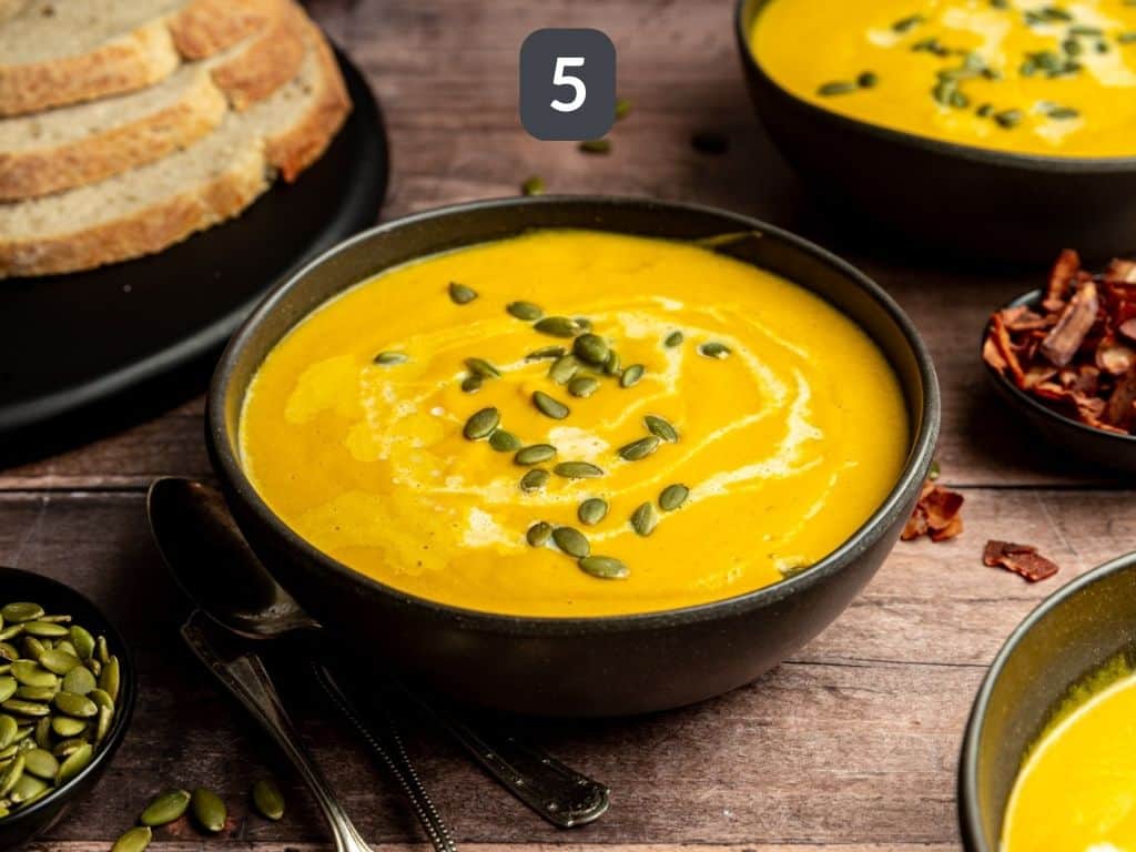 Vegan Butternut Squash Leek Soup Step 5 - serve with desired toppings.