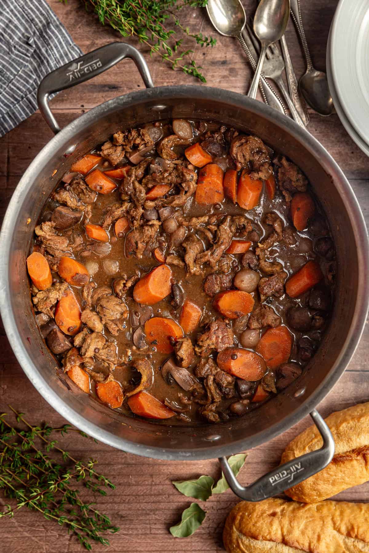 A pot of freshly prepared vegan coq au vin.