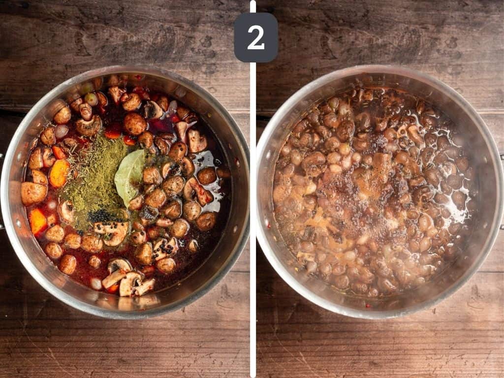 Vegan Coq Au Vin Step 2 - add broth and wine.