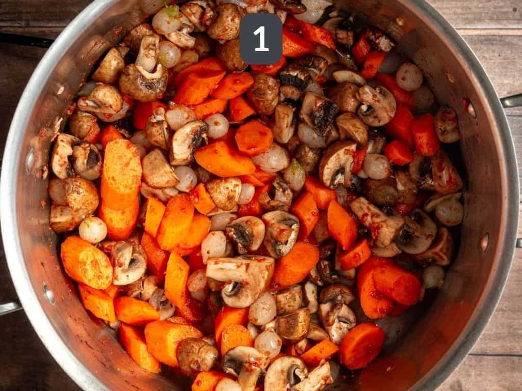Vegan Coq Au Vin Step 1 - sauté the vegetables.