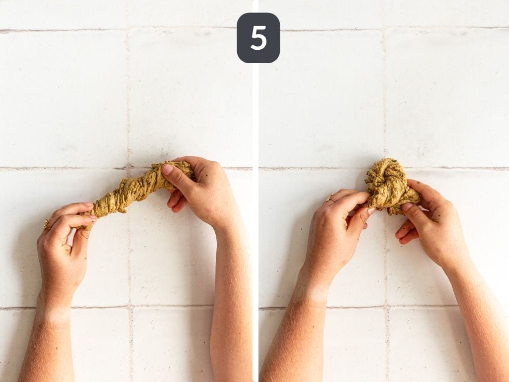 Vegan Seitan Chicken Step 5 - twist into knots.