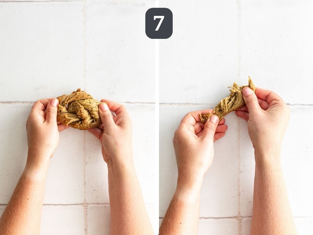 Vegan Seitan Chicken Step 7 - let cool, then tear apart.