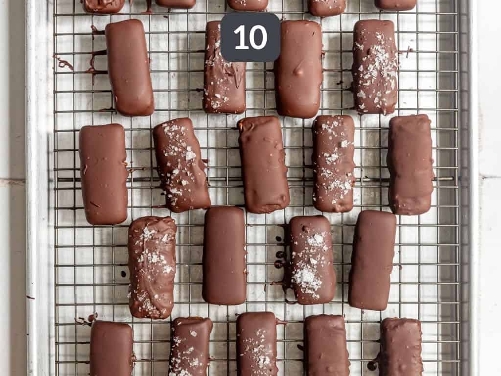 Vegan twix bars step 10 - coat in chocolate.