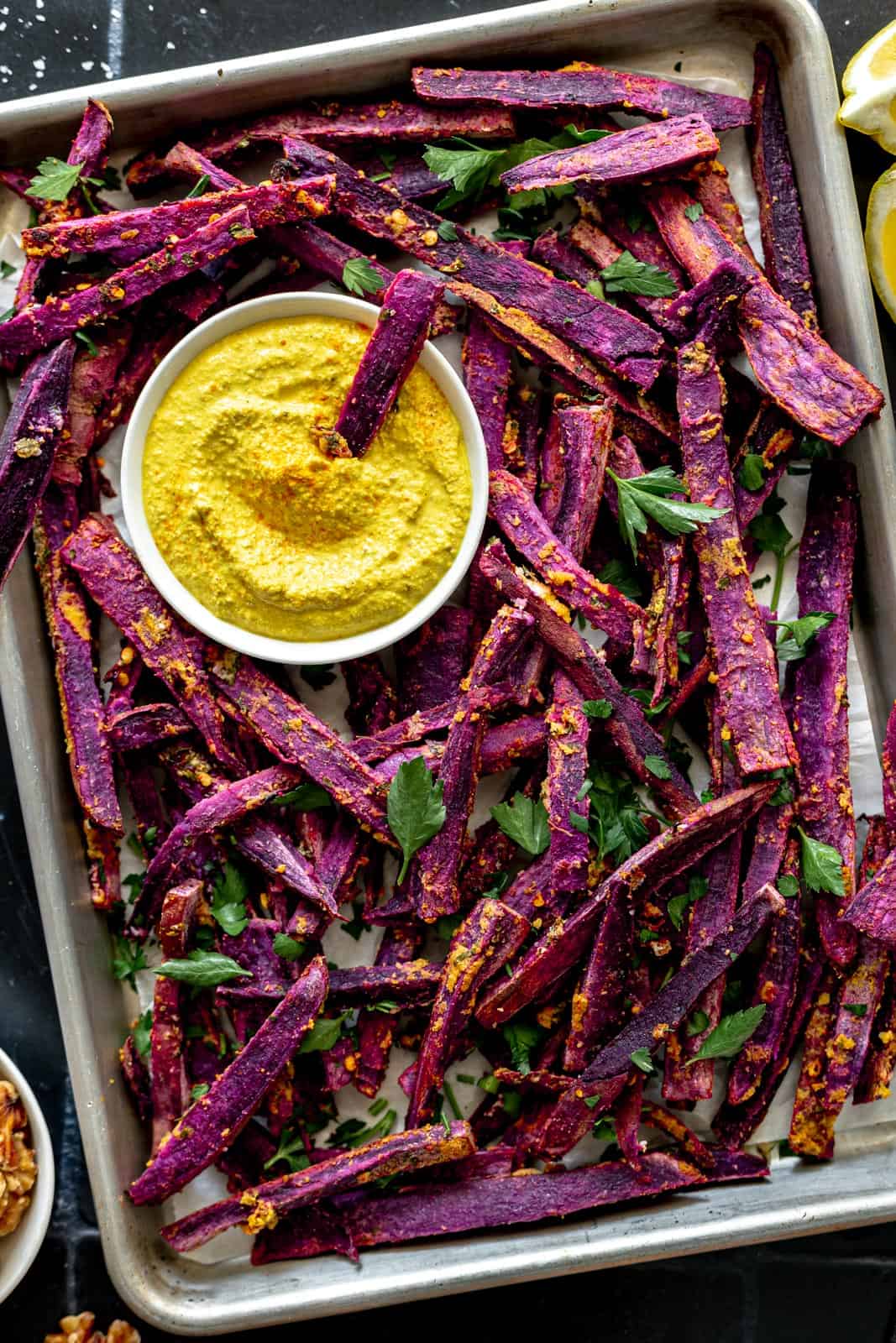 Oil-Free Purple Sweet Potato Fries with Walnut Turmeric Aioli