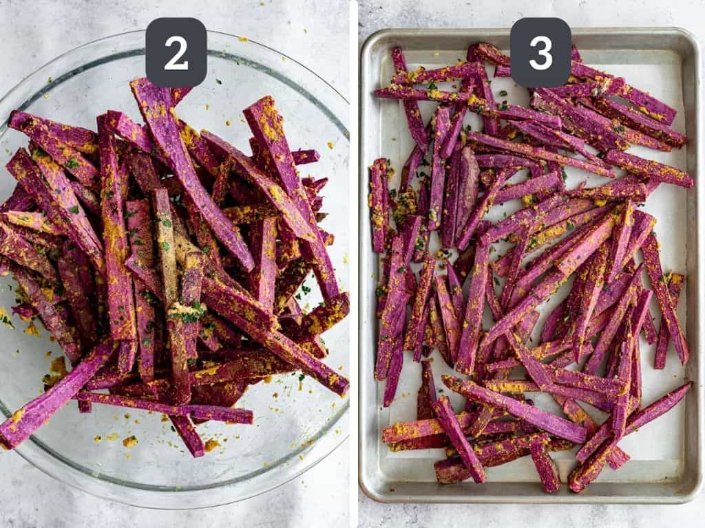 Oil-Free Purple Sweet Potato Fries with Walnut Turmeric Aioli Steps 2 & 3