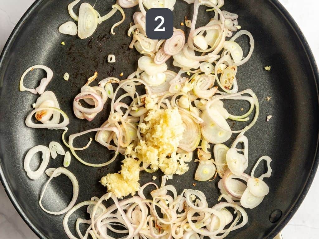 Vegan Pistachio Pasta Sauce Step 2 saute shallots and garlic