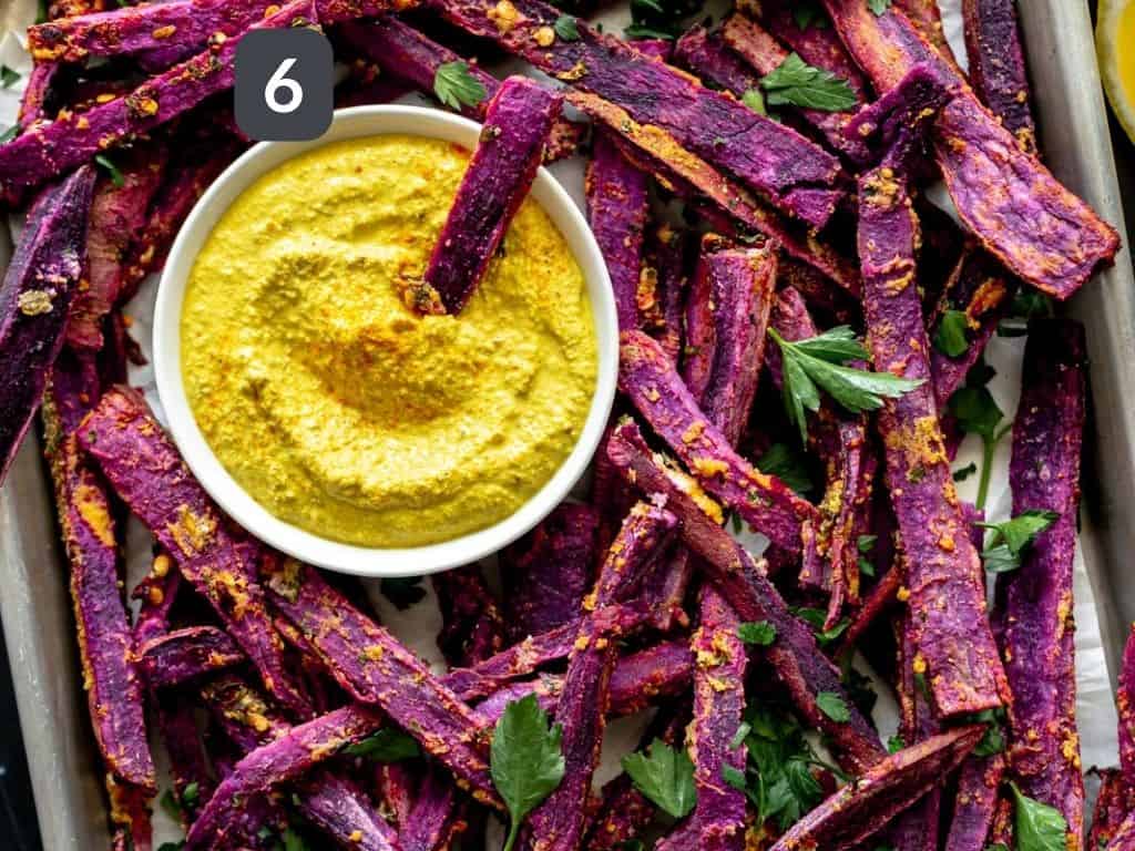 Oil-Free Purple Sweet Potato Fries with Walnut Turmeric Aioli Step 6